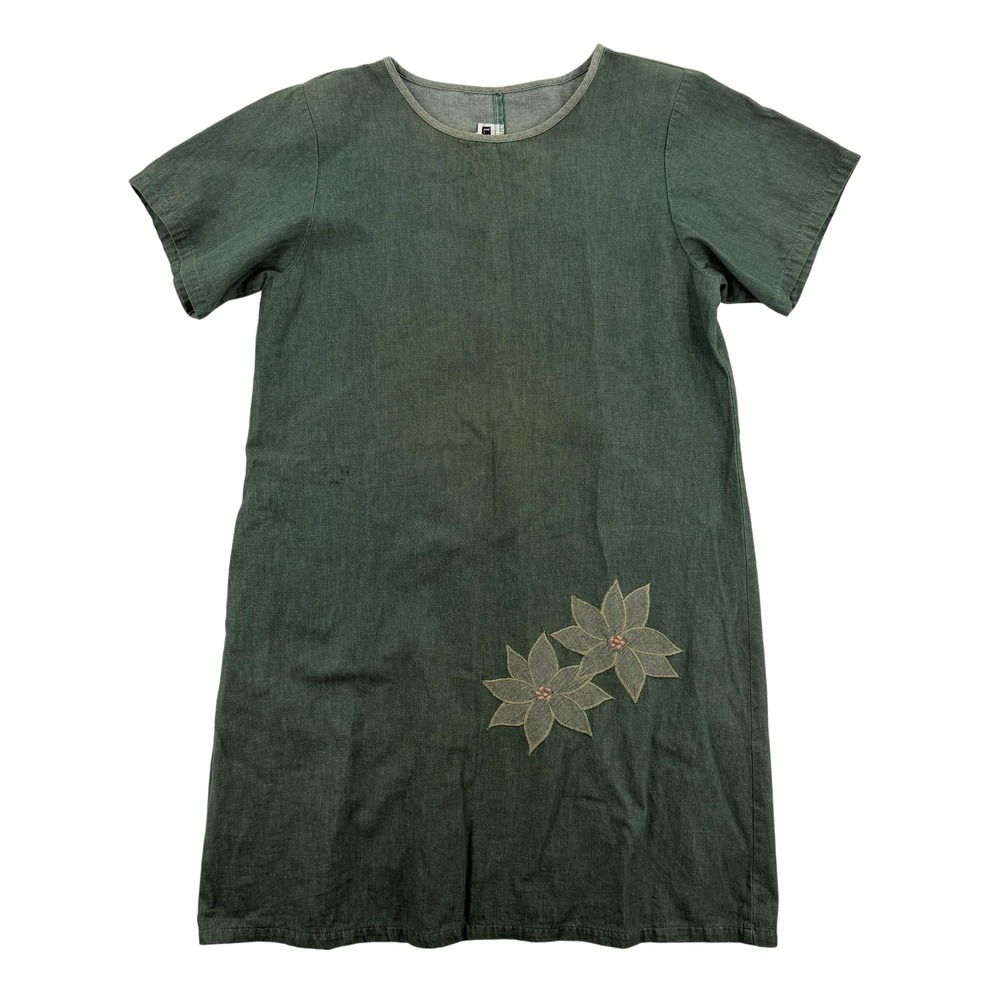 Vintage Linda G Honolulu Dress Womens Medium Green Shift Floral‎ Applique Hawaii